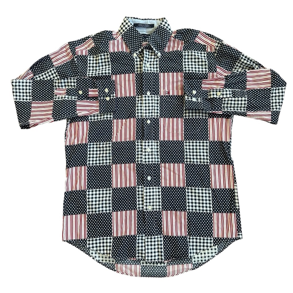 Tommy Hilfiger America Stars Stripes Gingham Patchwork Print Button Down Small